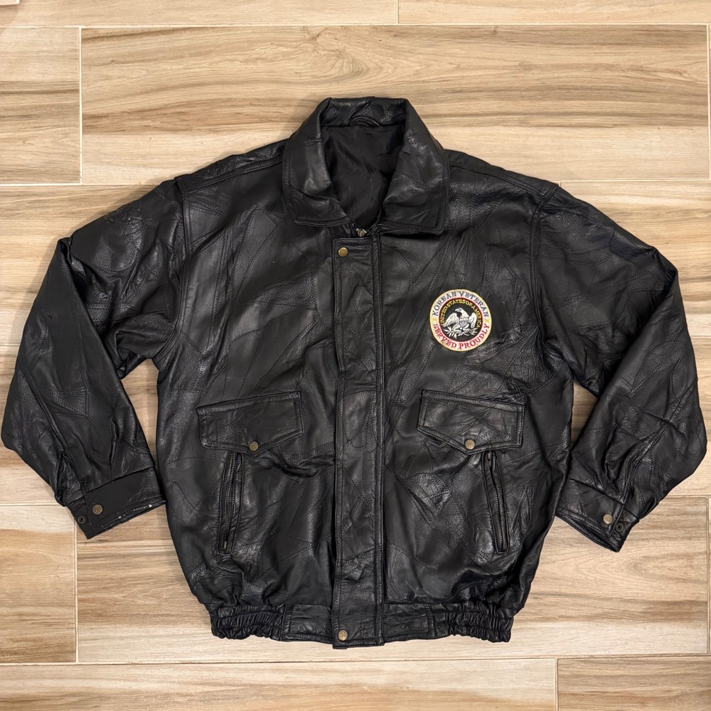Vtg Korean War Veteran Patchwork Leather Bomber Jacket Mens XL Black Flight